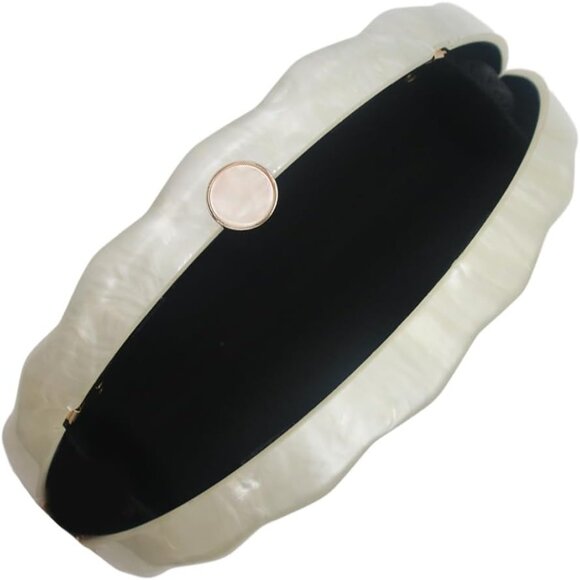 Ivory Acrylic Fan Shell Clutch Purse Elegant Marbled Handbag with Detachable Cha - Picture 5 of 6